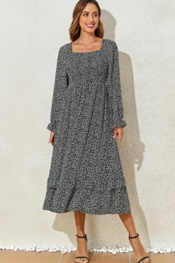 Discount Dear-Lover Floral Printed Long Sleeve Square Neck Midi Dress Black
