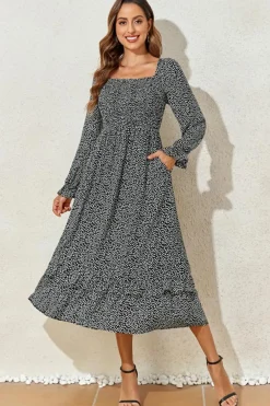 Discount Dear-Lover Floral Printed Long Sleeve Square Neck Midi Dress Black
