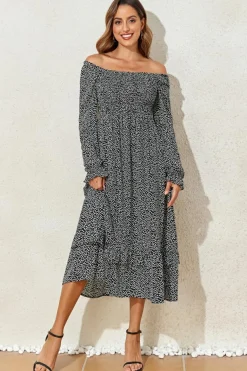 Discount Dear-Lover Floral Printed Long Sleeve Square Neck Midi Dress Black