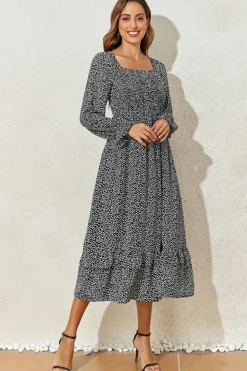 Discount Dear-Lover Floral Printed Long Sleeve Square Neck Midi Dress Black