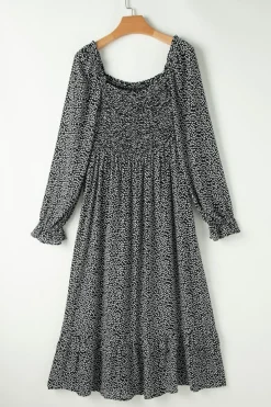 Discount Dear-Lover Floral Printed Long Sleeve Square Neck Midi Dress Black