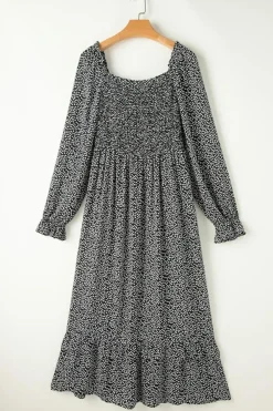 Discount Dear-Lover Floral Printed Long Sleeve Square Neck Midi Dress Black