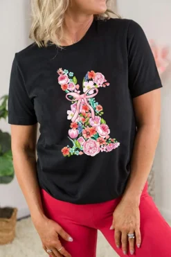 Online Dear-Lover Floral Rabbit Graphic Easter Fashion Tee Black