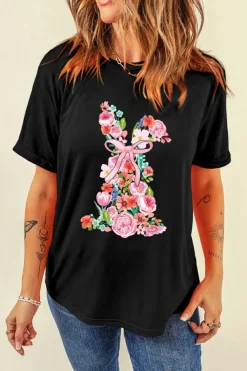 Online Dear-Lover Floral Rabbit Graphic Easter Fashion Tee Black
