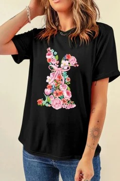 Online Dear-Lover Floral Rabbit Graphic Easter Fashion Tee Black
