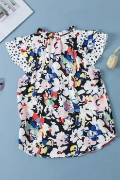 Best Dear-Lover Floral Ruffled Flutter Sleeve Tied V Neck Blouse Black