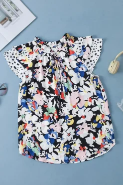 Best Dear-Lover Floral Ruffled Flutter Sleeve Tied V Neck Blouse Black
