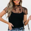Clearance Dear-Lover Floral Sheer Mesh Short Sleeve Mock Neck Blouse Black