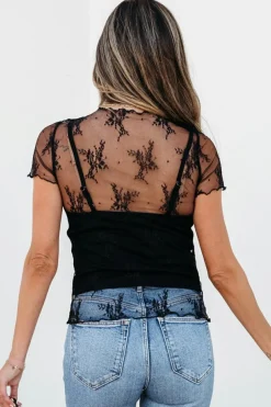 Clearance Dear-Lover Floral Sheer Mesh Short Sleeve Mock Neck Blouse Black