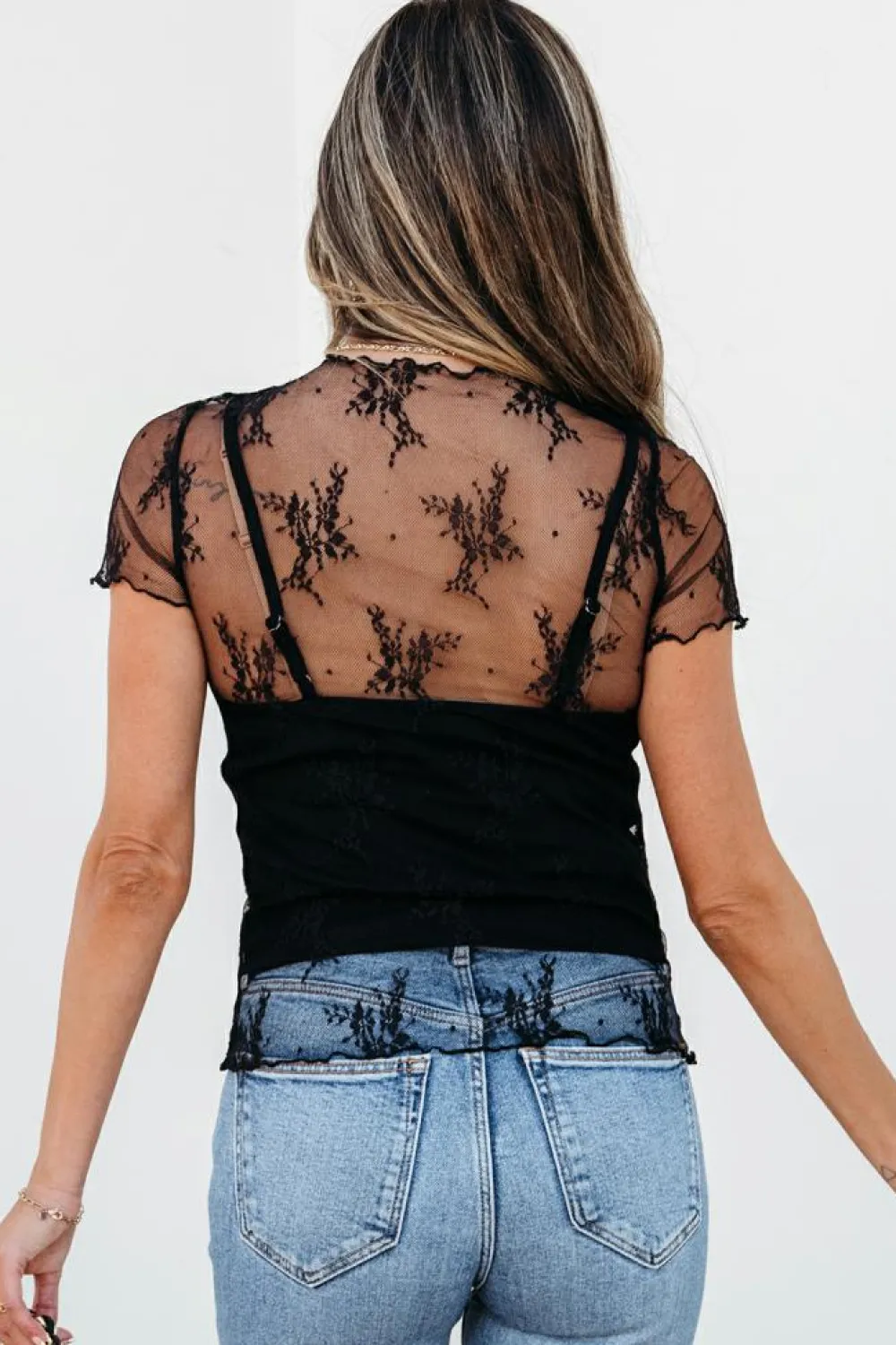 Clearance Dear-Lover Floral Sheer Mesh Short Sleeve Mock Neck Blouse Black