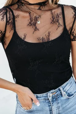Clearance Dear-Lover Floral Sheer Mesh Short Sleeve Mock Neck Blouse Black