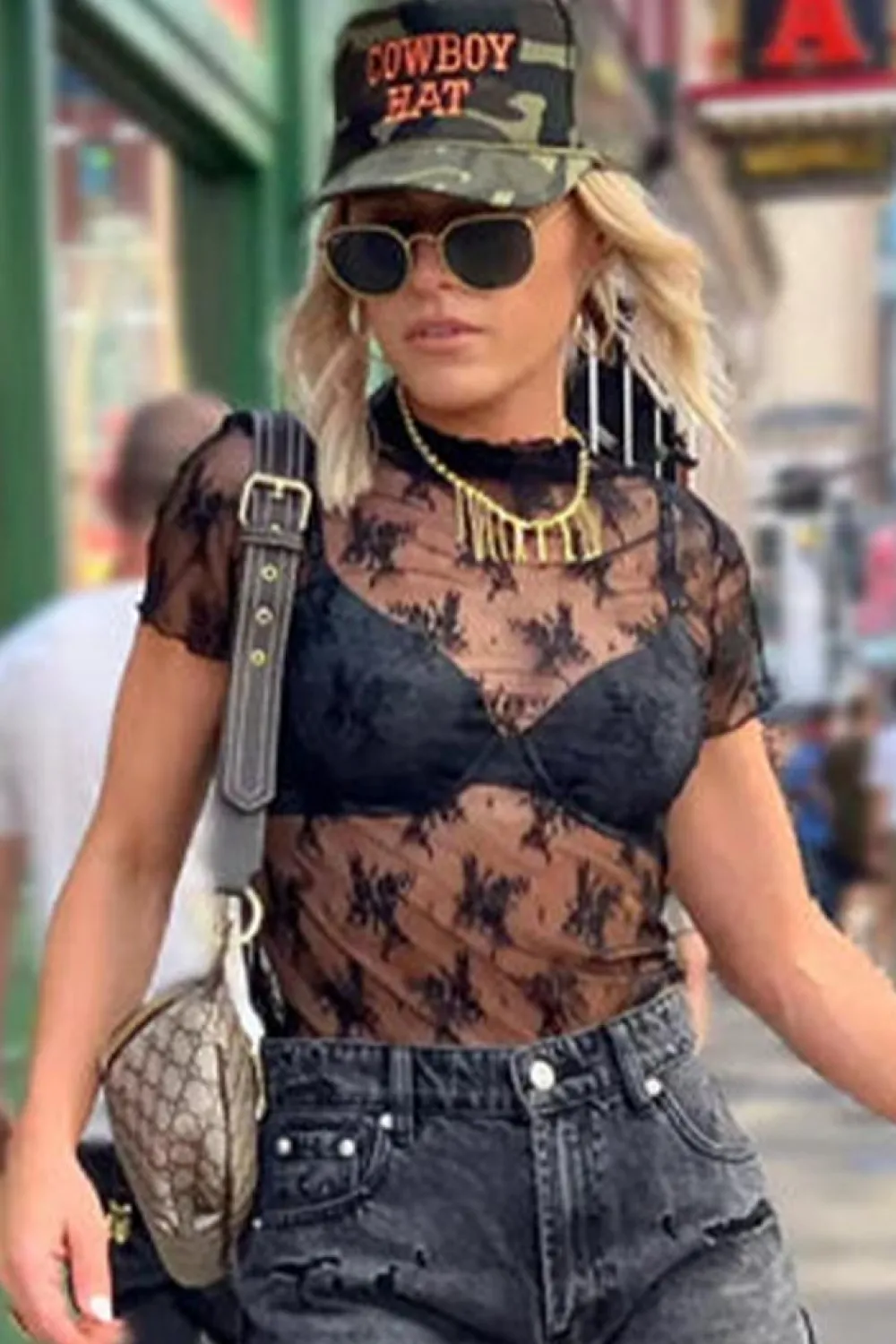 Clearance Dear-Lover Floral Sheer Mesh Short Sleeve Mock Neck Blouse Black