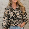 Hot Dear-Lover Floral Shirred Yoke Bracelet Sleeve Split Neck Boho Blouse Black