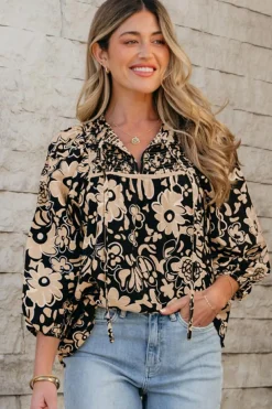 Hot Dear-Lover Floral Shirred Yoke Bracelet Sleeve Split Neck Boho Blouse Black