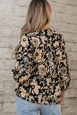 Hot Dear-Lover Floral Shirred Yoke Bracelet Sleeve Split Neck Boho Blouse Black