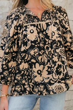 Hot Dear-Lover Floral Shirred Yoke Bracelet Sleeve Split Neck Boho Blouse Black