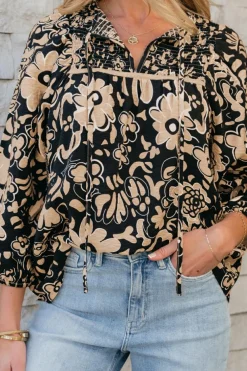 Hot Dear-Lover Floral Shirred Yoke Bracelet Sleeve Split Neck Boho Blouse Black