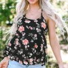 New Dear-Lover Floral Spaghetti Straps Strappy Back Tank Top Black