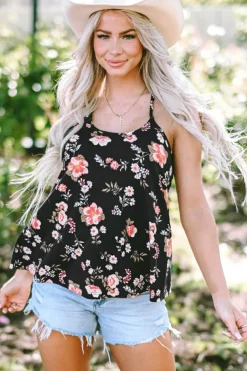 New Dear-Lover Floral Spaghetti Straps Strappy Back Tank Top Black