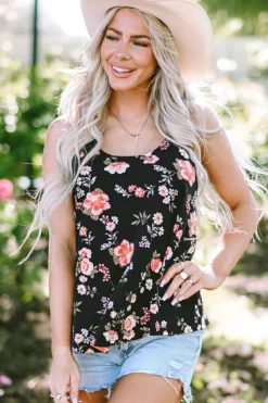 New Dear-Lover Floral Spaghetti Straps Strappy Back Tank Top Black