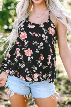 New Dear-Lover Floral Spaghetti Straps Strappy Back Tank Top Black