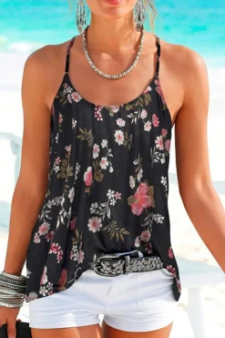 New Dear-Lover Floral Spaghetti Straps Strappy Back Tank Top Black