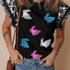 Best Dear-Lover Floral Striped Patchwork Flutter Sleeve Easter Bunny Patched Blouse Black