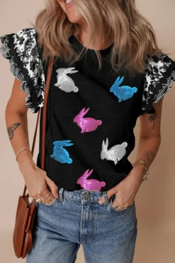 Best Dear-Lover Floral Striped Patchwork Flutter Sleeve Easter Bunny Patched Blouse Black