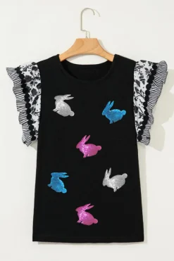 Best Dear-Lover Floral Striped Patchwork Flutter Sleeve Easter Bunny Patched Blouse Black