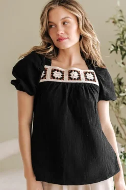 New Dear-Lover Flower Crochet Square Neck Textured Short Sleeve Blouse Black
