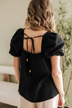 New Dear-Lover Flower Crochet Square Neck Textured Short Sleeve Blouse Black