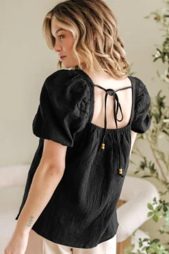 New Dear-Lover Flower Crochet Square Neck Textured Short Sleeve Blouse Black