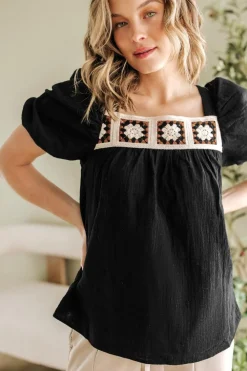 New Dear-Lover Flower Crochet Square Neck Textured Short Sleeve Blouse Black