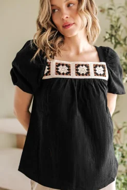 New Dear-Lover Flower Crochet Square Neck Textured Short Sleeve Blouse Black