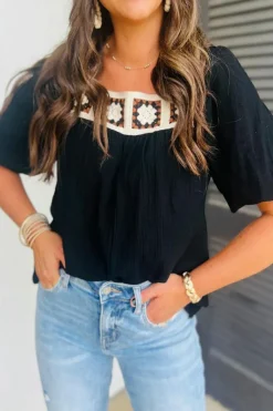 New Dear-Lover Flower Crochet Square Neck Textured Short Sleeve Blouse Black