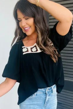 New Dear-Lover Flower Crochet Square Neck Textured Short Sleeve Blouse Black