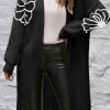 Outlet Dear-Lover Flower Embroidered Drop Shoulder Open Front Duster Cardigan Black