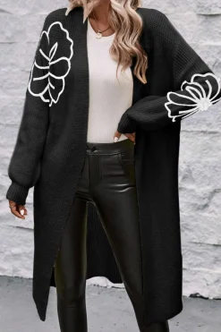 Outlet Dear-Lover Flower Embroidered Drop Shoulder Open Front Duster Cardigan Black