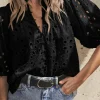 Discount Dear-Lover Flower Embroidered Hollow-out Puff Sleeve Blouse Black