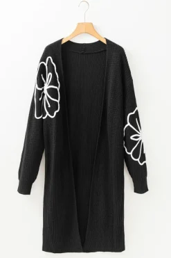 Outlet Dear-Lover Flower Embroidered Drop Shoulder Open Front Duster Cardigan Black