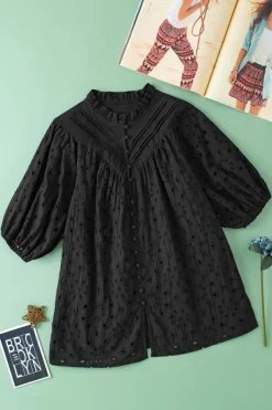 Discount Dear-Lover Flower Embroidered Hollow-out Puff Sleeve Blouse Black