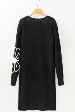 Outlet Dear-Lover Flower Embroidered Drop Shoulder Open Front Duster Cardigan Black