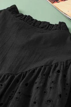Discount Dear-Lover Flower Embroidered Hollow-out Puff Sleeve Blouse Black