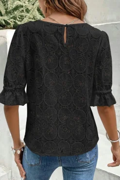 Hot Dear-Lover Flower Eyelet Jacquard Keyhole Flounce Sleeve Top Black