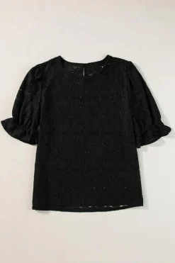 Hot Dear-Lover Flower Eyelet Jacquard Keyhole Flounce Sleeve Top Black