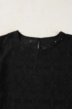 Hot Dear-Lover Flower Eyelet Jacquard Keyhole Flounce Sleeve Top Black