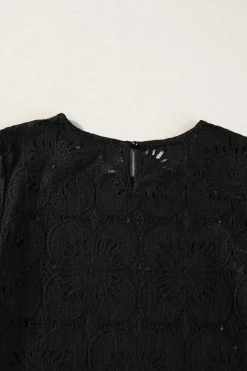 Hot Dear-Lover Flower Eyelet Jacquard Keyhole Flounce Sleeve Top Black