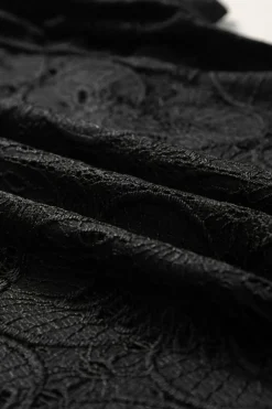 Hot Dear-Lover Flower Eyelet Jacquard Keyhole Flounce Sleeve Top Black