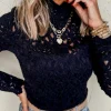 Discount Dear-Lover Flower Lace See Through Mock Neck Long Sleeve Top Black
