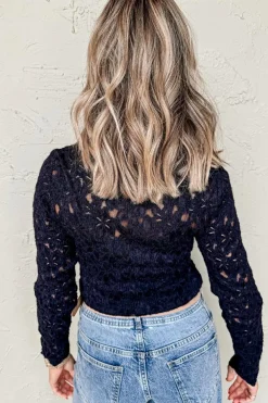 Discount Dear-Lover Flower Lace See Through Mock Neck Long Sleeve Top Black